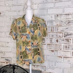 Vintage 70s Button-Down Egyptian Novelty Print Slight Puff Shoulder Vneck Top S